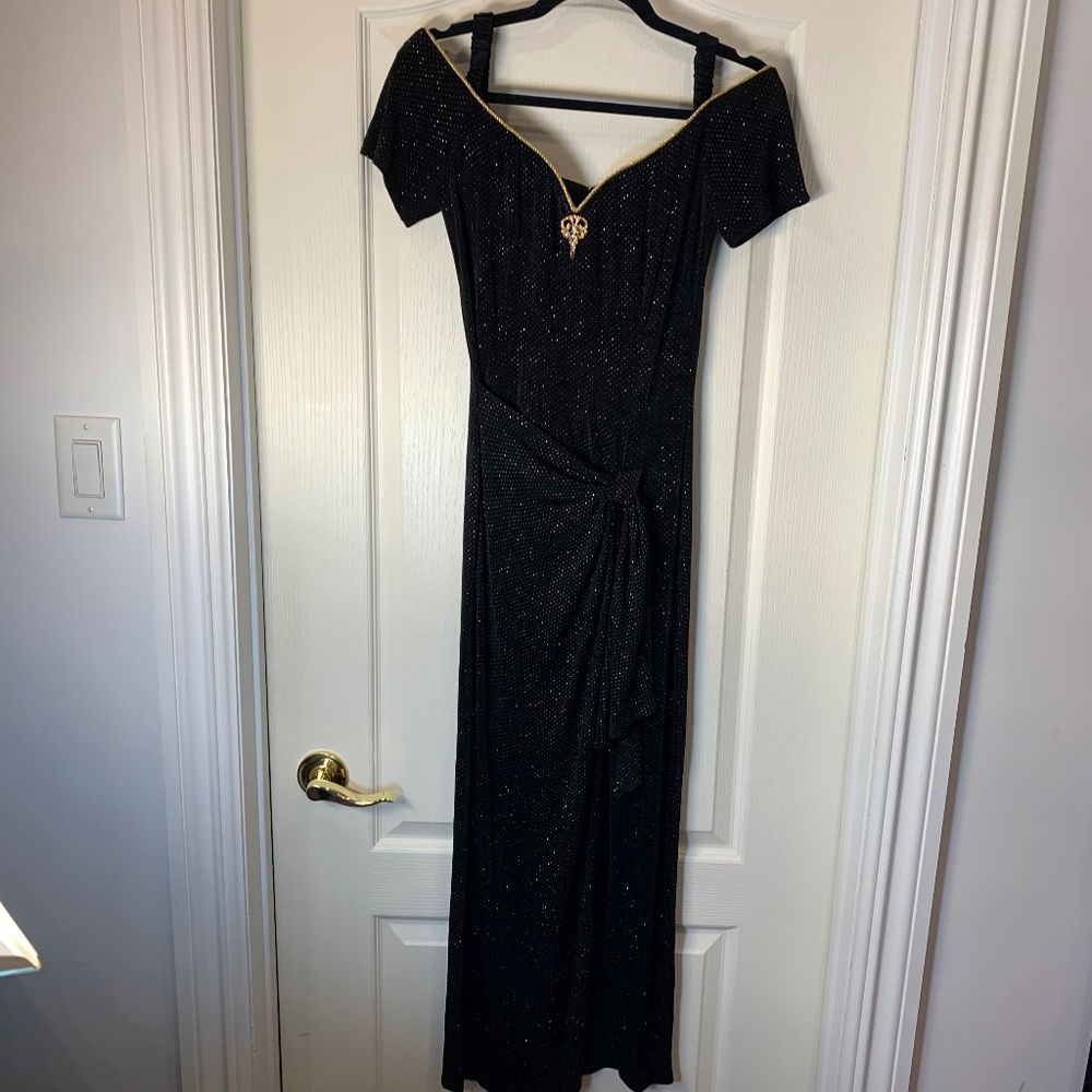 Vintage 4-U Design Team NY Paris Blackโ Gold Chic Evening Dress Slit Glam 90s L